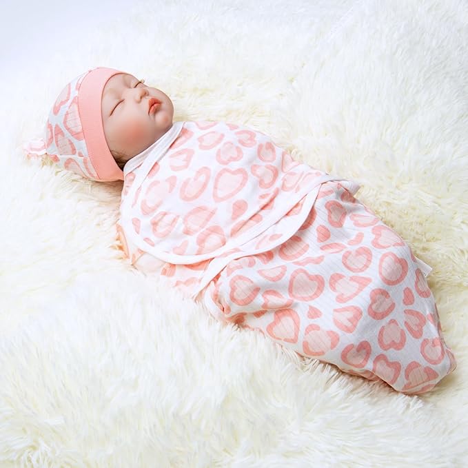 Reborn Baby Dolls Clothes Outfit Accessories Pink Heart Swaddle Blanket & Hat 2 Pcs Set for 17-22 Inch Reborn Doll Newborn Girl&Boy