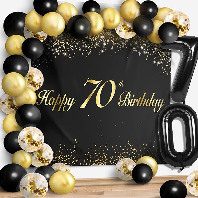 Happy 70th Birthday Balloons Black Set Decor - Cheers to 70 Years Old Party Theme Garland Banner Backdrop Decorations For Women and Men Supplies