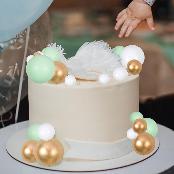 Gyufise 30Pcs Balls Cake Topper Mini Balloons Cupcake Topper DIY Cake Insert Topper Foam Cake Balls Baking Decoration for Wedding Anniversary Valentines Day Birthday Party Green Gold White