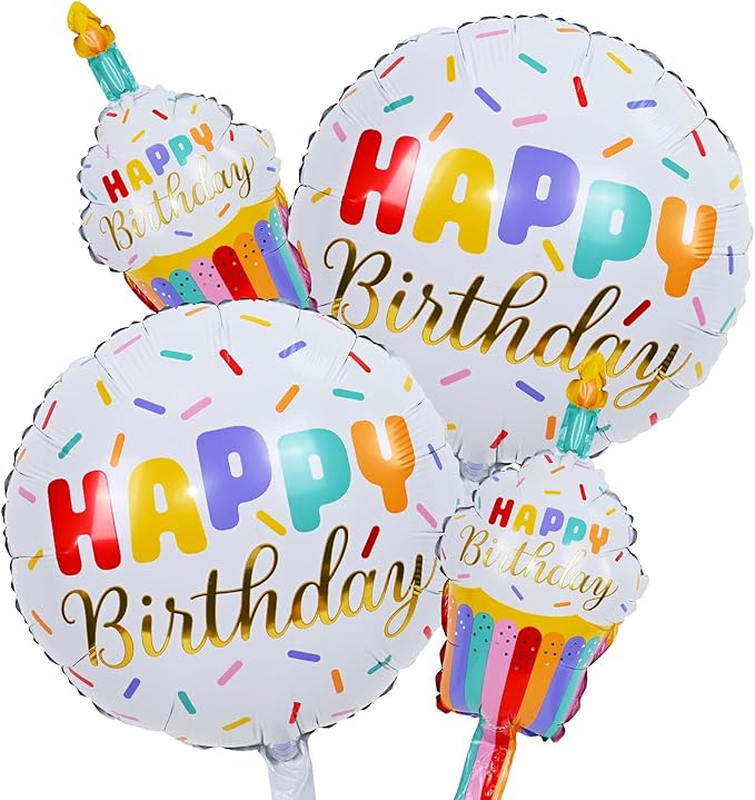 Happy Birthday Cupcake Cute Foil Balloons, Rainbow Sprinkle Happy Birthday Inflatable Mylar Round Balloon and Mini Cupcake Helium Balloons for Kids Children Girls Sweet birthday Party Decorations