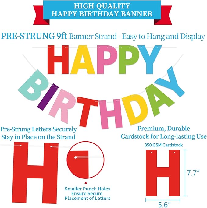 Colorful Birthday Decorations Kit - 16-Piece Set with Pre-Strung Happy Birthday Banner, Honeycomb Balls, Garland & Swirls | Rainbow Theme Party Supplies for Women Men Kids, Teens Adults