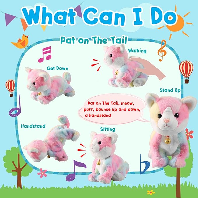 Colorful Robot Cat Plush Stuffed Animal Interactive Cats Meow Kitten Touch Control, Electronic Pet, Robotic Kitty Toy, Animated Toy Cats for Girls Baby Kids L:12"