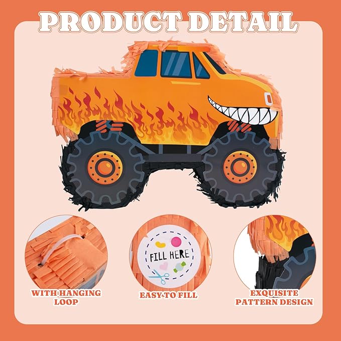 Truck Piñata - Monster Truck Piñata Bundle with Blindfold and Bat for Piñata Theme Party Decoration Supplies Cool Car Piñata for Birthday Party Carnival Celebration Game (15.75*11*2.36 Inch,Small)