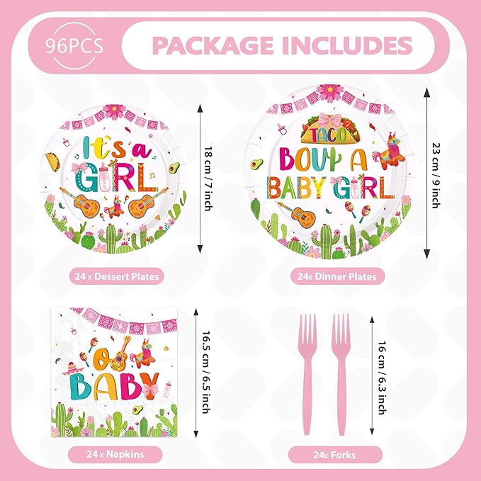 96Pcs Mexican Baby Shower Decorations Taco Bout A Baby Girl Plates and Napkins Mexico Fiesta 1st Birthday Decoration Favor for Girl Mexican Taco Cinco de Mayo Gender Reveal Party Supplies Serves 24
