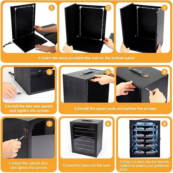 AceOrbit Miniature Storage Carrying Case for Collectibles with LED Light Strip, 6 Trays and Lock Wooden Miniatures Display Case Transport Shelves with Handle for Action Figure Model Collectibles Black