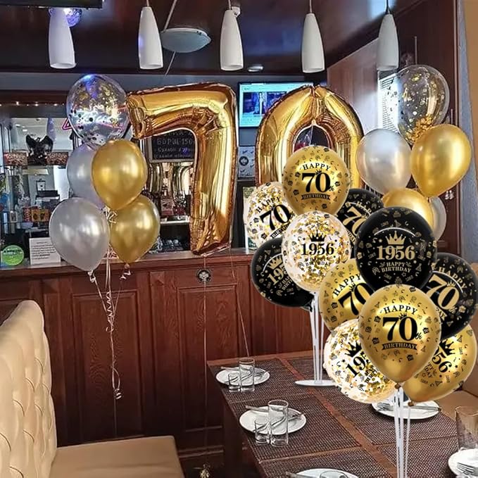 TONIFUL 4 Set 70th Birthday Decorations 1956 Balloon Centerpiece for Table,Black Gold Balloon Stand Kit,Perfect for celebrating born in 1956,Cheers to 70 Years Birthday for Men and Women
