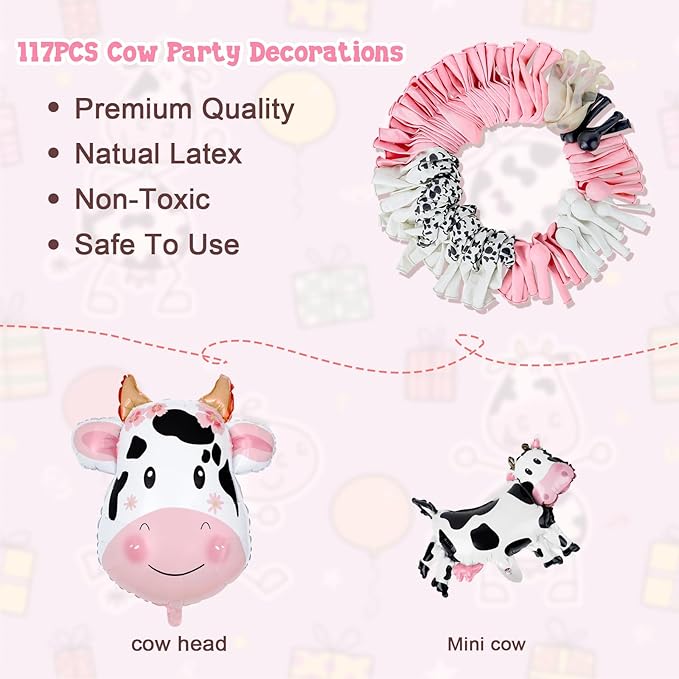 Amandir 115PCS Pink Cow Party Decorations - Balloon Garland Arch Kit with Cow Print Balloons, Happy Birthday Banner, Cake Topper for Girl Baby Shower, Farm Animals Themed Birthday Party Supplies
