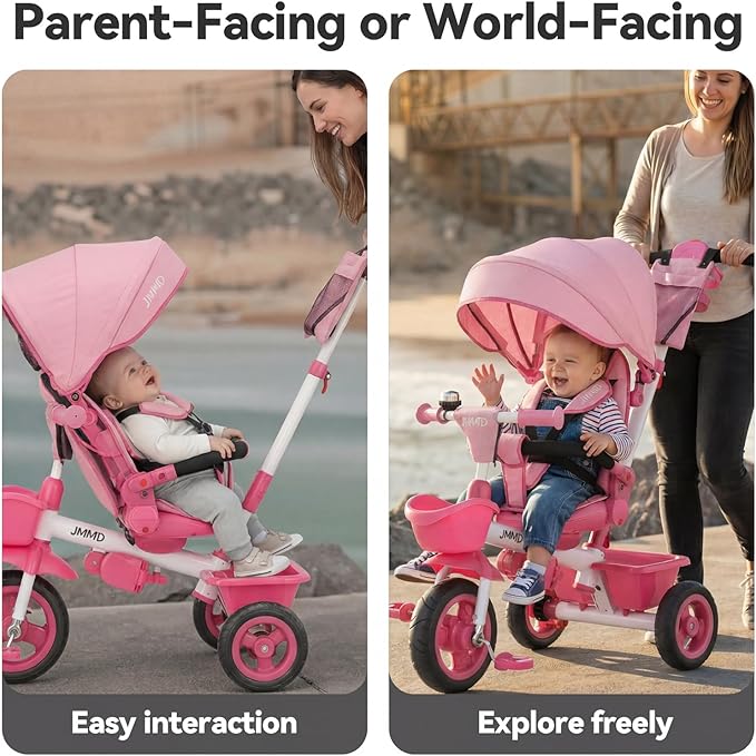 JMMD 7 in 1 Tricycle Stroller with Push Handle, Baby Trike with 360° Swivel Seat, Reclining Backrest, All-Terrain Wheels, Dual Brakes, Canopy & Storage, Gift for Kids 18 Months to 5 Years, Pink