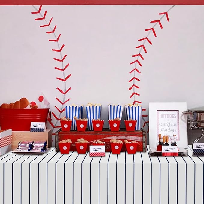 4 Pack Plastic Baseball Tablecloths, 51 x 86 Inches Rectangle Stripe Party Decorations for Game Day Baseball Theme Party Supplies