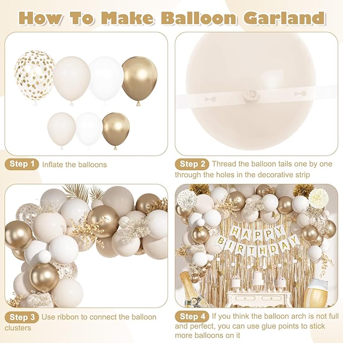Ouddy Life White Gold Birthday Party Decorations Kit for Women Girls, Happy Birthday Banner, Sand White Metallic Gold Foil Confetti Balloons, Fringe Curtain, Cake Topper, Pompoms, Butterfly Supplies
