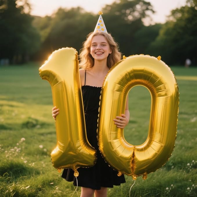 40 Inch Gold Balloon Number 10 Balloon,Jumbo Mylar Foil Helium Balloon for 10 Birthday Digital Balloons for Birthday Party,Wedding Anniversary Party Decorations