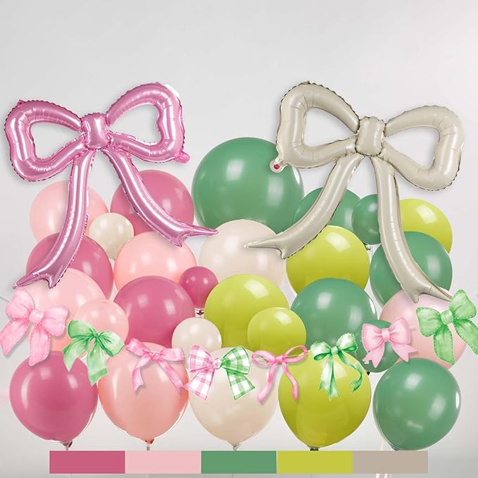 Spring Pink and Green Party Decorations with Bow foil Balloons & Tinsel Foil Fringe Curtains cute Bow Banner for girl baby in bloom baby shower woodland Safari wild one theme party decorations