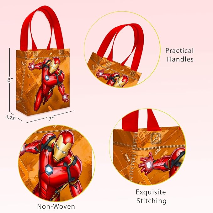 Iron Man Party Favor Bags Set – 12 Pack 8" Marvel Goodie Bags for Kids Bulk Reusable Mini Totes | Avengers Iron Man Birthday Party Supplies