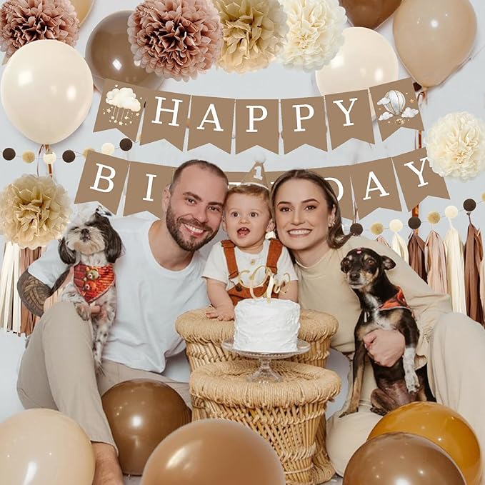 Birthday Decorations for Girls Boys, Brown Happy Birthday Banner with Felt Ball Garland Paper Pompoms Tassel Garland, Beige Cream Neutral Boho Birthday Party Balloons for Women Men Baby Shower