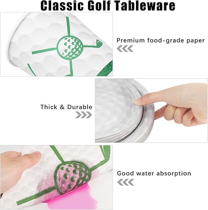 Durony 144 Pieces Golf Party Supplies - Paper Plates and Napkins Dinnerware Set for 24 Guests - Birthday Tableware Includes Plates, Napkins, Forks for Sports Themed Celebrations