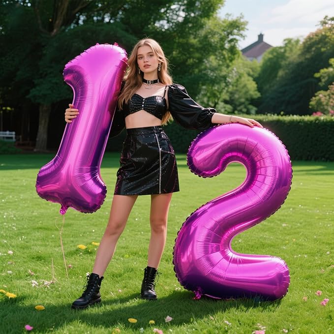 40 Inch Large 12 Balloon Numbers Rose Purple Big Foil Number Balloons Giant Helium Happy Birthday Party Decorations for Man and Women, Huge Mylar Anniversary Party Supplies