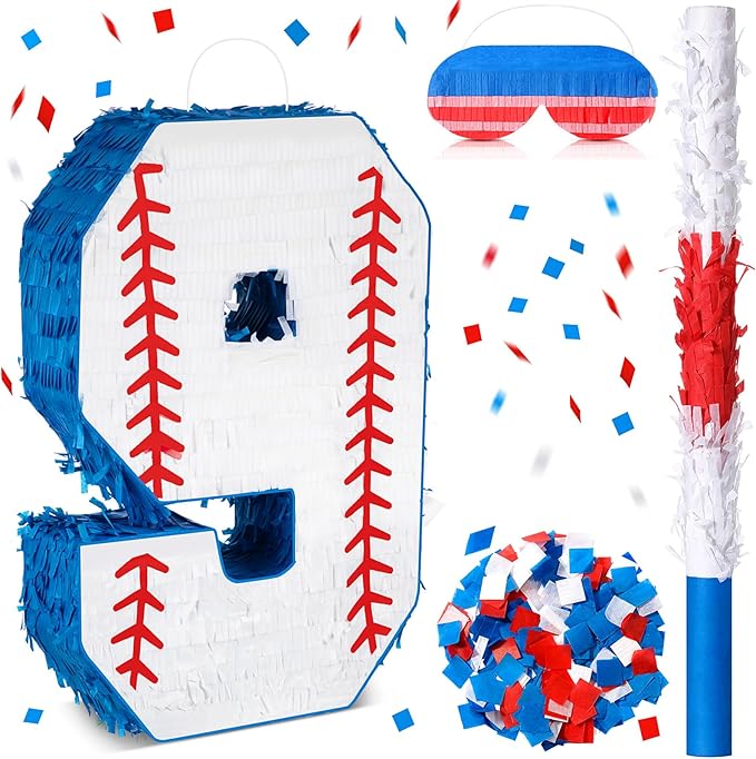 HyDren Baseball Piñata Baseball Party Decorations Number Piñata with Bat, Blindfold and Confetti, 16 Inch Sports Themed Birthday Party Supplies for Celebration Events(Number 9)