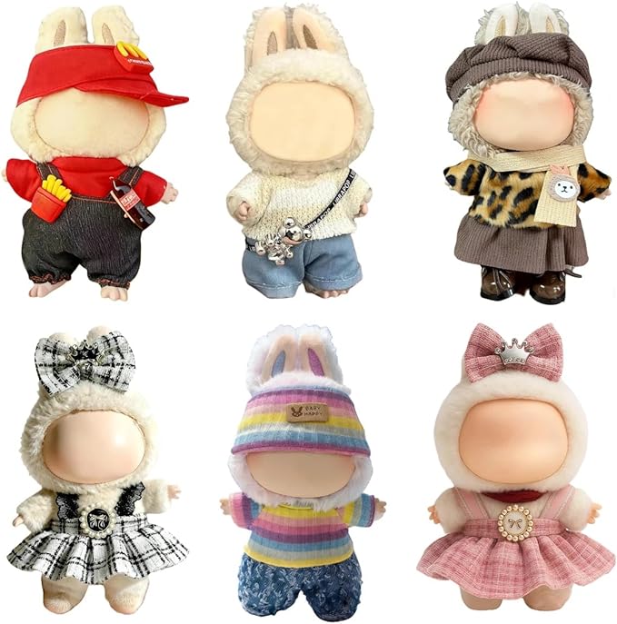 (6 Pack) Clothes for LABUBU 17cm Doll (NO Dolls), Exquisite Luxury Designer Outfits with Hats & Accessories, Fashion and Premium Doll Clothing Set Suitable for Dress up Unique Style
