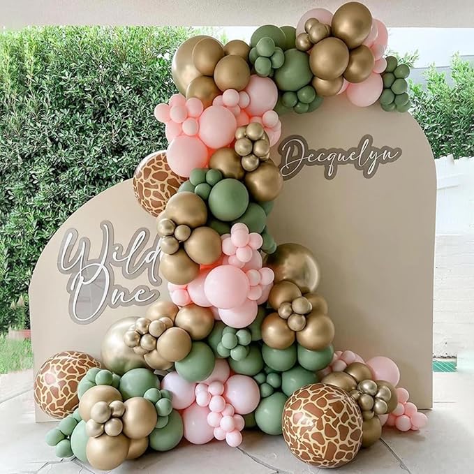 Pink Jungle Safari Balloons, 60PCS Sage Green Pastel Pink Gold Balloon, Light Pink Cream Beige Balloon with Animal Print for Girls Birthday Baby Shower Wild One Giraffe Party Decorations Supplies