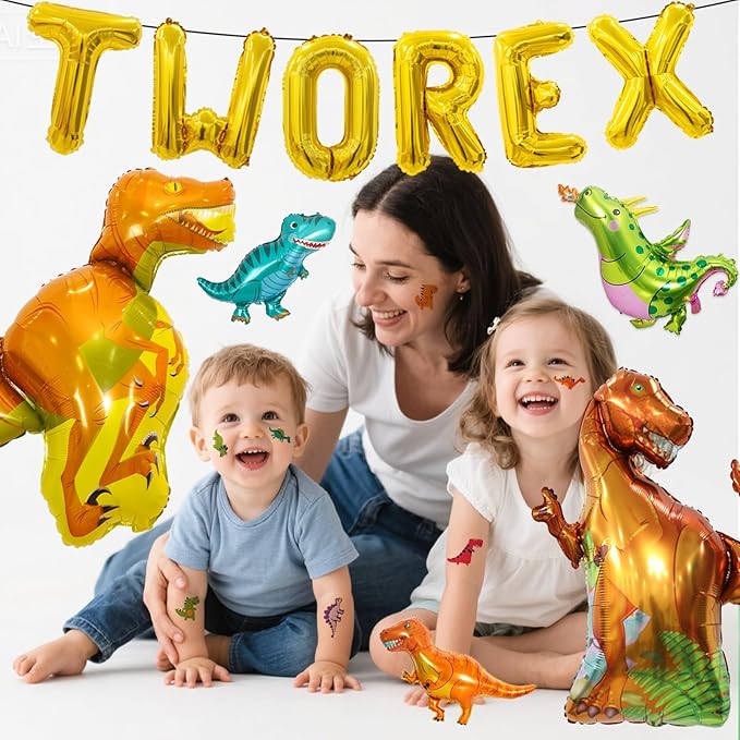16Pcs Two Rex Balloons, Two Rex Birthday Party Decorations Boy Dinosaur 2rd Birthday Party Supplies Include Dinosaur Foil Balloons Tattoo Stickers for 2 Years Old Birthday Decorations Boys