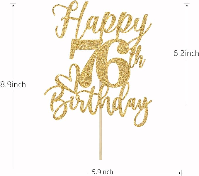 Happy 76th Birthday Cake Topper, 76th Birthday Decorations for Men/Women, Cheers to 76 Years, Hello 76, 76th Happy Birthday Party Supplies Gold Glitter
