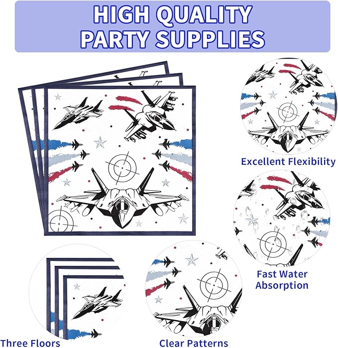 96 Pcs Fighter Jet Pilot Birthday Decorations Military Jet Plates and Napkins Top Air Force Gun Tableware Set Airplane Birthday Party Decorations for Pilot Aviation Aircraft Party Supplies Serves 24