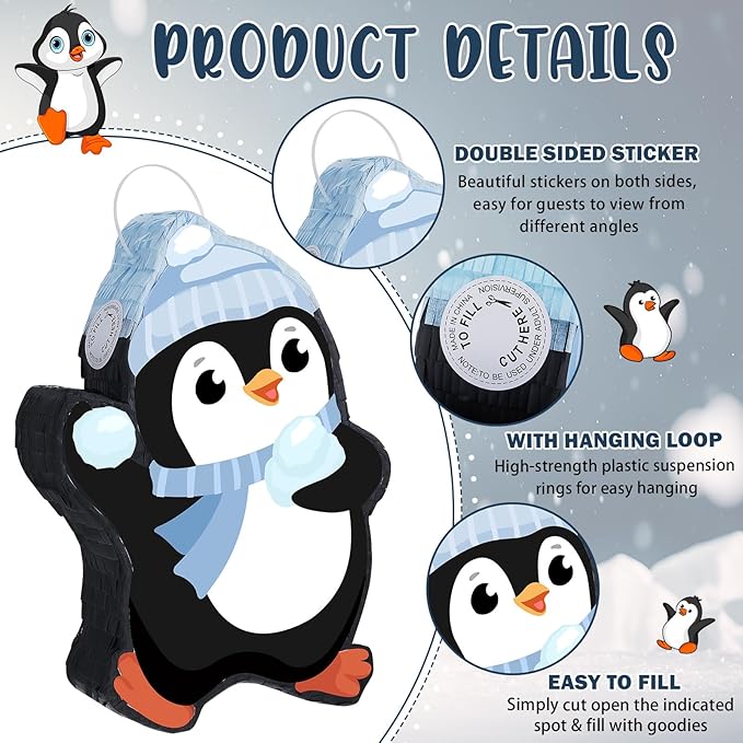 Lewtemi 15.1 Inch Penguin Piñata Penguin Party Favor Supplies Candy Animal Piñata with Stick Confetti and Blindfold Gift for Boy Girl Adults Winter Theme Birthday Party Supplies Decorations (Elegant)