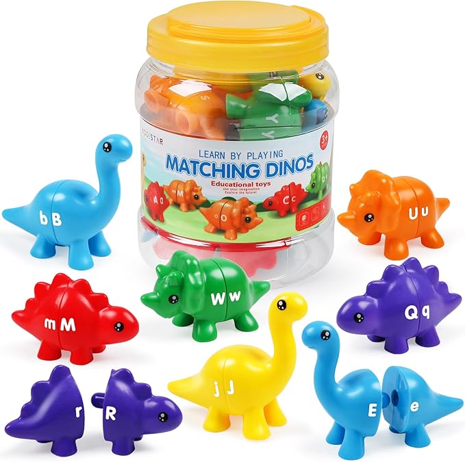 Alphabet Dinosaurs Matching Toy, Toddlers ABC Learning Dinosaurs with Uppercase Lowercase, Match and Snap Fine Motor Game Preschool Learning Activities Exchange Birthday Gifts for Kid Boys & Girls