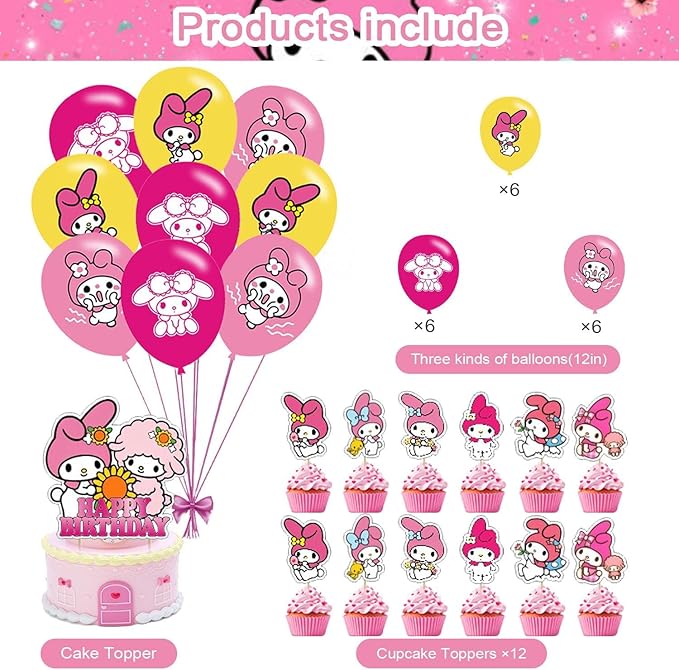 Melody Party Decorations,Melody Birthday Party Supplies Includes Banner- Cake Topper - 12 Cupcake Toppers - 18 Balloons