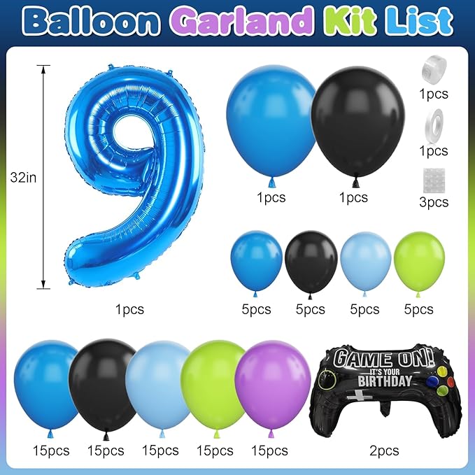 9th Birthday Video Game Balloons Arch, 9th Party Balloons Garland Kit 9th Game Birthday Supplies with Blue Number 9 Balloon Game Foil Balloons for 9 Year Old Teens Boys Decor