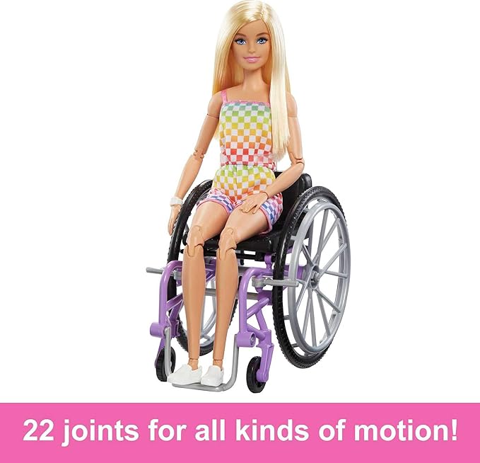 Barbie Doll with Wheelchair and Ramp, Kids Toys and Gifts, Blonde, Barbie Fashionistas, Rainbow Romper, Clothes and Accessories