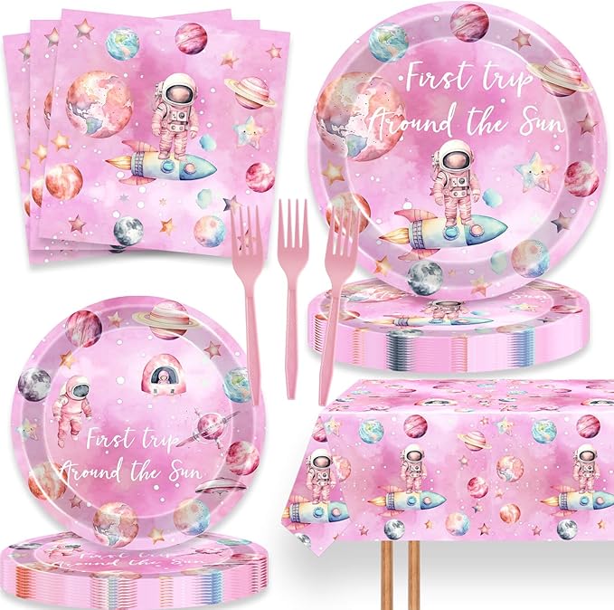 51 Pcs First Trip Around The Sun Birthday Party Supplies Pink Outer Space Tablecloth Paper Dinner Plates Napkins Forks Dinnerware for Space Theme Baby Shower Girls 1st Birthday Party Decorations