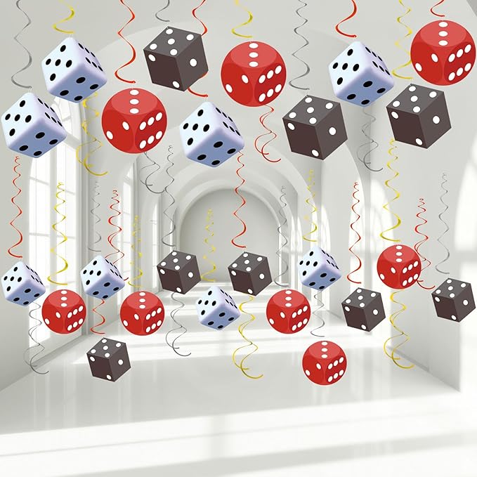 58PCS Casino Theme Party Decorations Casino Dice Hanging Swirls for Casino Night Birthday Party Decorations Poker Party Decora Game Night Decor(Red, White, Gray)