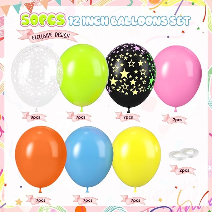 Neon Balloons, 50pcs 12 Inch Pink Orange Blue Yellow Lime Green Black Clear Star Print Rainbow Balloons Multicolor for Boy Girl Colorful Birthday Glow 80 90 Party Bright Baby Shower Summer Decorations