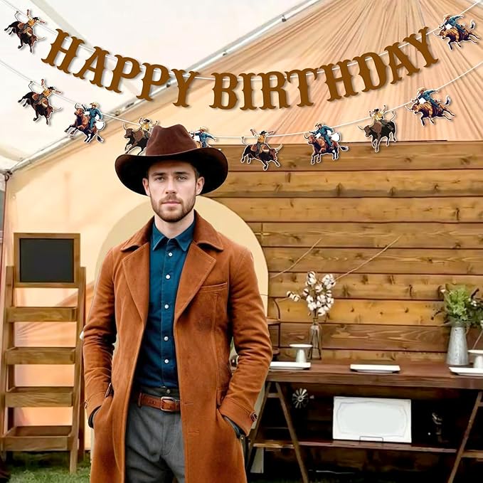 JOYMEMO Bull Riding Birthday Banners, Bull Riding Birthday Decorations for Boys, Man, Cowboy Theme Party Supplies, Pre-strung, Cardstock