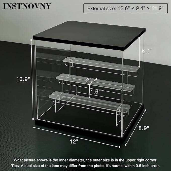 Clear Acrylic Display Case with Light 4 Tier Display Storage Box Assembly Dustproof Showcase for Collectibles Action Figures(Black, 12.0*8.9*10.9inch)