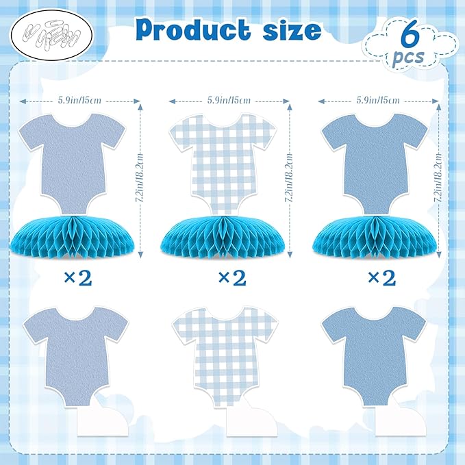 6 Pcs Blue Bodysuit Party Decorations, Blue Gingham Honeycomb Centerpieces, Birthday Decorations for Tables Decor Table for Party Supplies Perfect for Women Men Baby Shower Boys Girls