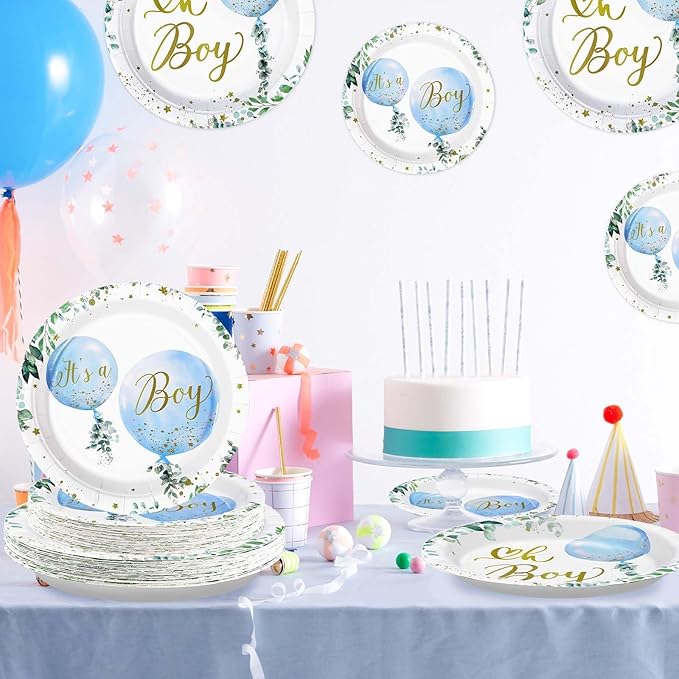 Grencian 96 PCS Boy Watercolor Blue Balloon Party Supplies Boys Plates and Napkins Disposable Greenery It's A Boy Baby Shower Tableware for Birthday Boys Baby Shower Decorations, Serves 24