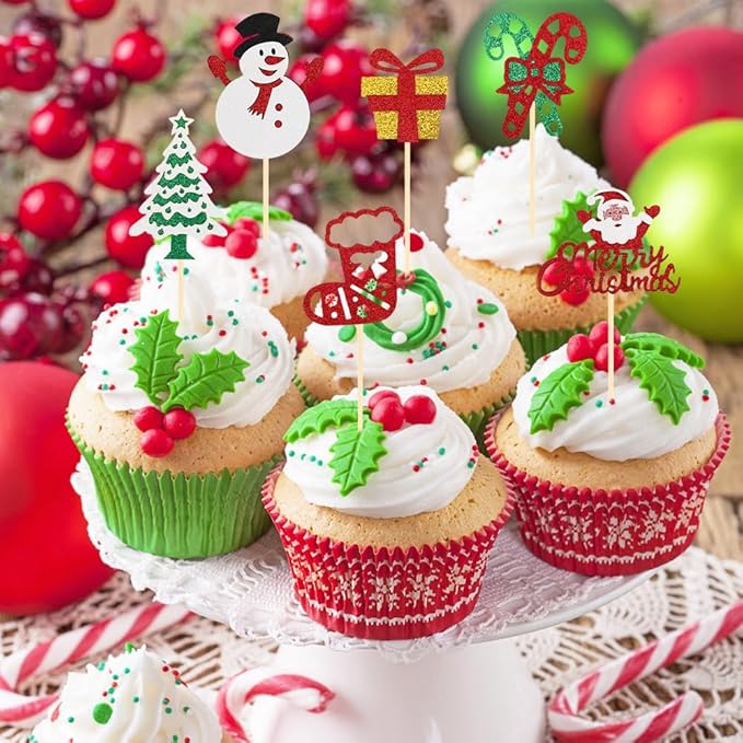 Christmas Cupcake Toppers Cake Decorations, 24 PCS Merry Christmas Cake Topper, Glitter Santa Clus Snowman Xmas Tree Decorative Cupcakes Ficks Food Picks for Xmas Holiday Party Decoration Supplies