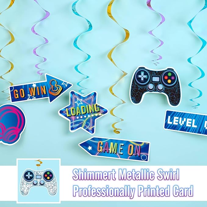 WERNNSAI Video Game Hanging Swirls - 21 PCS Video Game Party Decorations for Kids Boys Gamer Birthday Party Ceiling Window Door Decors Hanging Whirls Streamers for Gaming Night Party Supplies