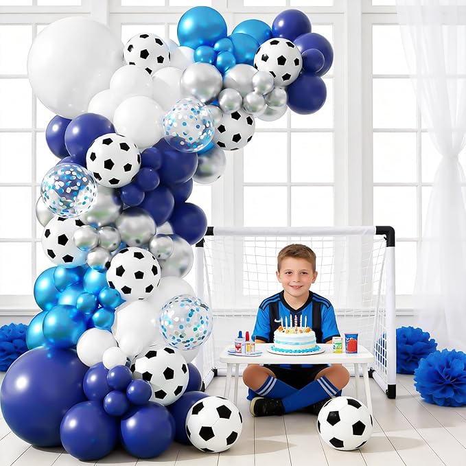 Soccer Party Decorations, Soccer Balloon Arch Kit, Metallic Blue White Silver Navy Blue Balloons Garland with Soccer Print Balloons for Kids Boys Football Sports Theme Baby Shower Party Supplies