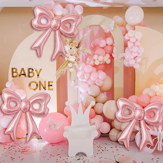 88Pcs Pink Bow Confetti Balloons, Huge Pink Bow Aluminum Foil Balloons Helium Latex Balloon for Birthday Baby Shower Wedding Engagement Bridal Bachelorette Princess Coquette Party Decorations Supplies