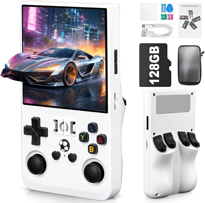 R36MAX Handheld Game Console - 4.0-Inch Screen, Support 22000+Classic Games,128G TF Card,Portable Console with Open Source System,4000mAh Battery,Birthday Gift for Adult or Partner - White
