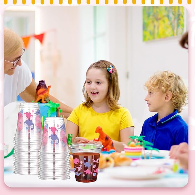 50 Pcs Girl Dinosaur Birthday Party Decorations Cups 12 oz Dinosaur Disposable Plastic Cups Dino Theme Tumbler for Three Rex Birthday Party Supplies Decorations, Pink