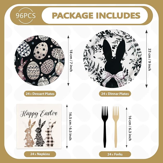96Pcs Easter Bunny Decorations Easter Bunny Eggs Plates and Napkins Black and White Rabbit Eggs Disposable Tableware for Spring Outdoor Home Party Decorations