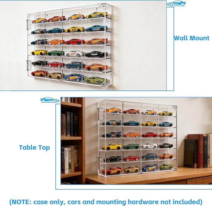 Acrylic Display Case for Hot Wheels 1/64 Scale, 24 Slots Toy Car Display Organizer Wall Mount or Desktop Diecast Model Car Showcase for Matchbox Storage Clear Collectible Model Storage