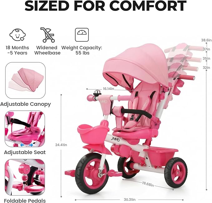 JMMD 7 in 1 Tricycle Stroller with Push Handle, Baby Trike with 360° Swivel Seat, Reclining Backrest, All-Terrain Wheels, Dual Brakes, Canopy & Storage, Gift for Kids 18 Months to 5 Years, Pink