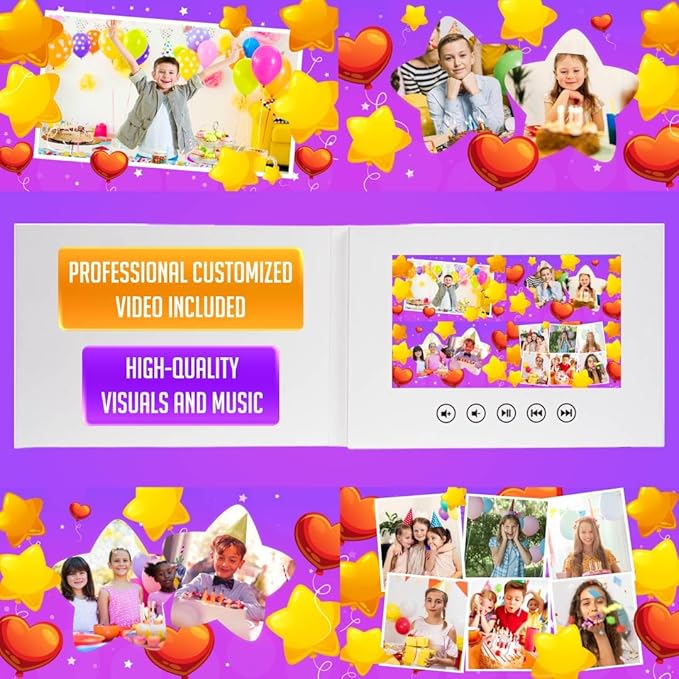 Children’s Birthday Video Card – Personalized Slideshow with Your Photos – Video Greeting Card with 7” Screen, 8GB Storage, Rechargeable Battery, USB Charging Cable