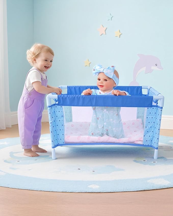 BABESIDE Baby Doll Crib Set for 18 Inch Dolls, Foldable Baby Doll Bed Playpen Toy Crib with Storage Bag for Reborn Baby Doll Accessories