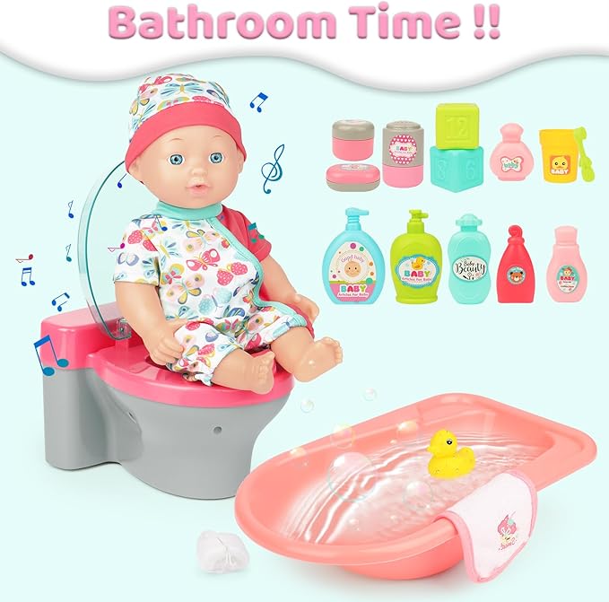 deAO Baby Doll Play Set, 25 PCS Baby Dolls Accessories with Doll High Chair Seat High Crib Toy Toilet and Bathtub Pretend Play Toys Gift for Ages 3 4 5 6 7 8 9 Girls Kids